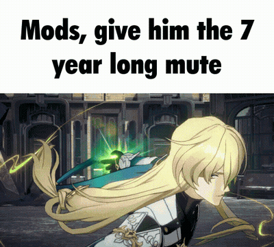 A Picture Of A Girl With Long Blonde Hair And A Caption That Says Mods Give Him The 7 Year Long Mute GIF