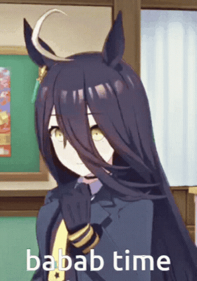 A Picture Of A Girl With Long Hair And The Words Babab Time Below Her GIF