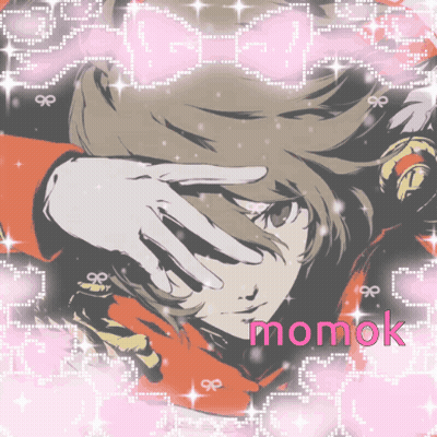 A Picture Of A Girl With Momok Written In Pink GIF