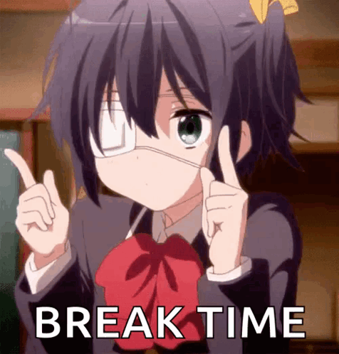 A Picture Of A Girl With One Eye Pointing Up With The Words Break Time Behind Her GIF
