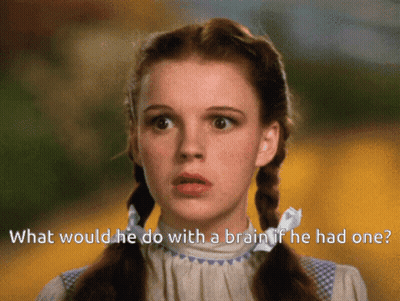 A Picture Of A Girl With Pigtails And The Words " What Would He Do With A Brain If He Had One " Below Her GIF