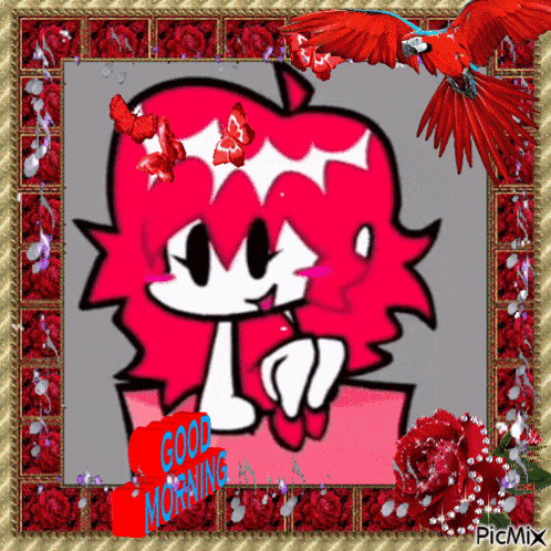 A Picture Of A Girl With Pink Hair And A Good Morning Sign GIF