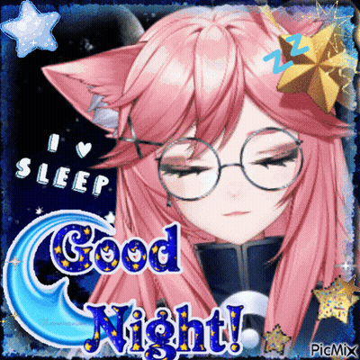 A Picture Of A Girl With Pink Hair And Glasses Says Good Night GIF