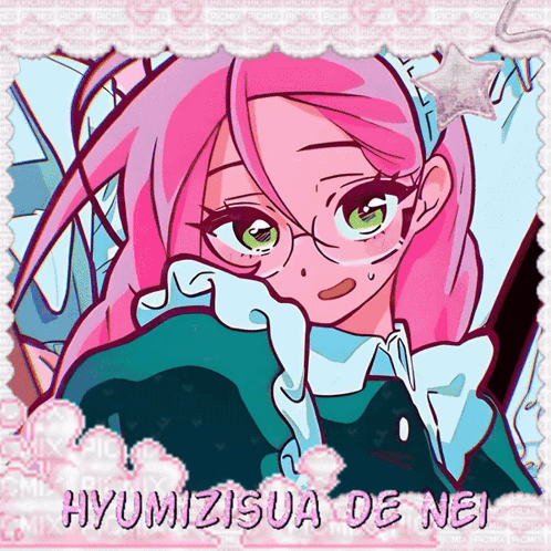 A Picture Of A Girl With Pink Hair And Glasses With The Name Hyumizusua De Nei On The Bottom GIF