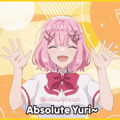 A Picture Of A Girl With Pink Hair And The Name Absolute Yuri On The Bottom GIF