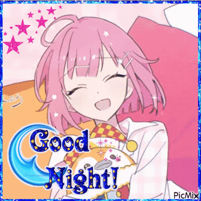 A Picture Of A Girl With Pink Hair And The Words Good Night Written On It GIF