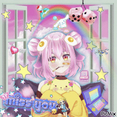 A Picture Of A Girl With Pink Hair And The Words Miss You On The Bottom GIF