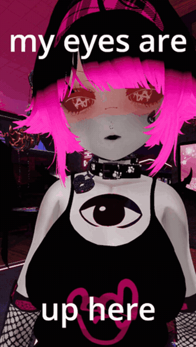 A Picture Of A Girl With Pink Hair And The Words " My Eyes Are Up Here " Below Her GIF