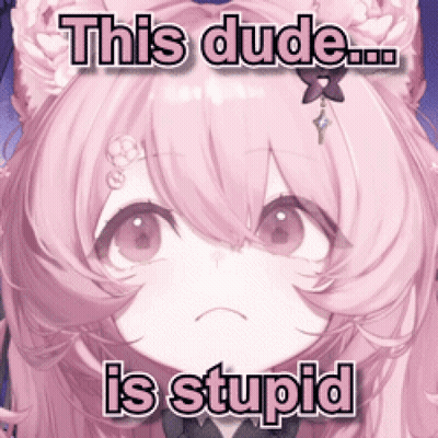 A Picture Of A Girl With Pink Hair And The Words `` This Dude Is Stupid '' Written On It . GIF