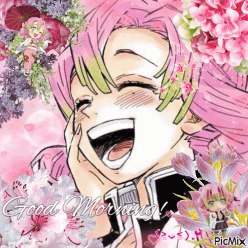 A Picture Of A Girl With Pink Hair Is Surrounded By Pink Flowers And Says Good Morning GIF