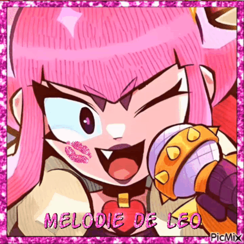 A Picture Of A Girl With Pink Hair Singing Into A Microphone With The Name Melodie De Leo On The Bottom GIF