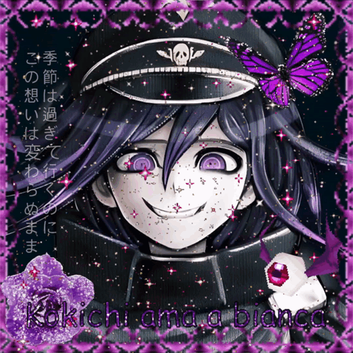 A Picture Of A Girl With Purple Eyes And The Name Kokichi Ama Bianca On The Bottom Right GIF