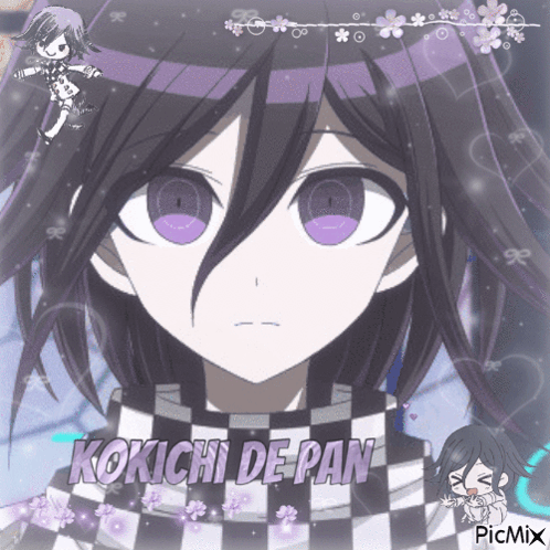 A Picture Of A Girl With Purple Eyes And The Name Kokichi Depan GIF