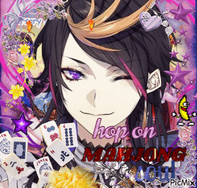 A Picture Of A Girl With Purple Eyes And The Words Hop On Manjong GIF