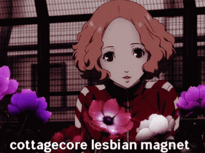 A Picture Of A Girl With Purple Flowers And The Words " Cottagecore Lesbian Magnet " Below Her GIF