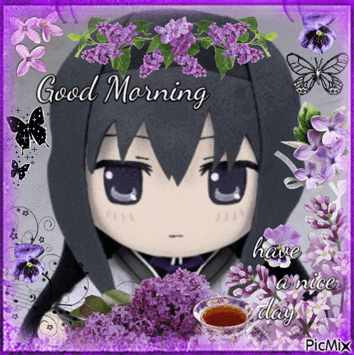 Girl With Purple Flowers Good Morning GIF