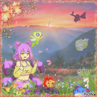 A Picture Of A Girl With Purple Hair And A Purple Monster With A Sunset In The Background Is Created By Picmix GIF
