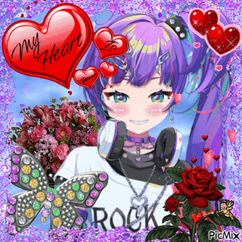 A Picture Of A Girl With Purple Hair And Headphones With A Heart That Says My Heart GIF