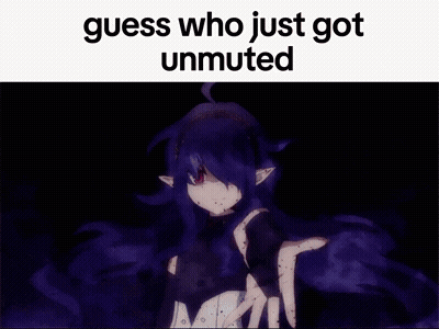 A Picture Of A Girl With Purple Hair And Red Eyes With The Words Guess Who Just Got Unmuted GIF