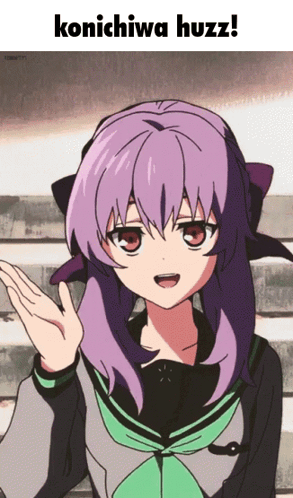 A Picture Of A Girl With Purple Hair And The Caption Konichiwa Huzz GIF