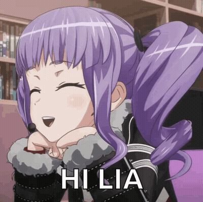 A Picture Of A Girl With Purple Hair And The Word Hi Lia On The Bottom GIF