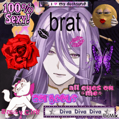 A Picture Of A Girl With Purple Hair And The Words Brat All Eyes On Me And Diva Diva Diva GIF