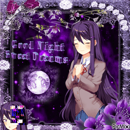 A Picture Of A Girl With Purple Hair And The Words Good Night Sweet Dreams GIF