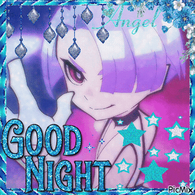 A Picture Of A Girl With Purple Hair And The Words " Good Night " GIF
