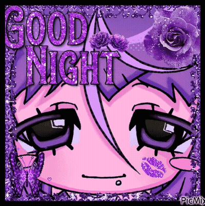 A Picture Of A Girl With Purple Hair And The Words Good Night Written On It GIF