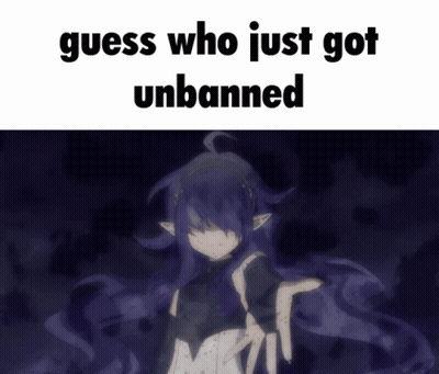 A Picture Of A Girl With Purple Hair And The Words " Guess Who Just Got Unbanned " GIF