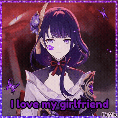A Picture Of A Girl With Purple Hair And The Words `` I Love My Girlfriend '' GIF