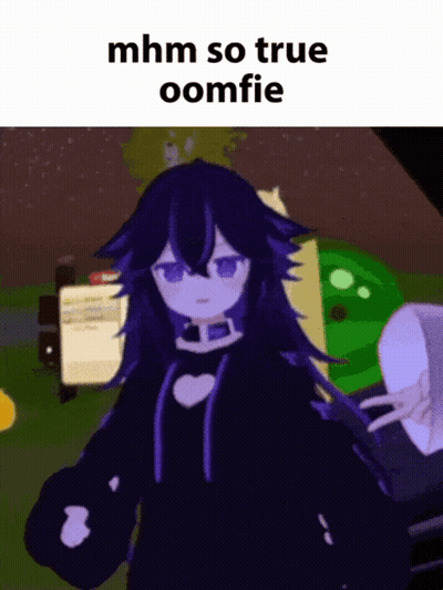 A Picture Of A Girl With Purple Hair And The Words Mhm So True Oomfie GIF