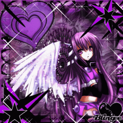 A Picture Of A Girl With Purple Hair And White Wings GIF