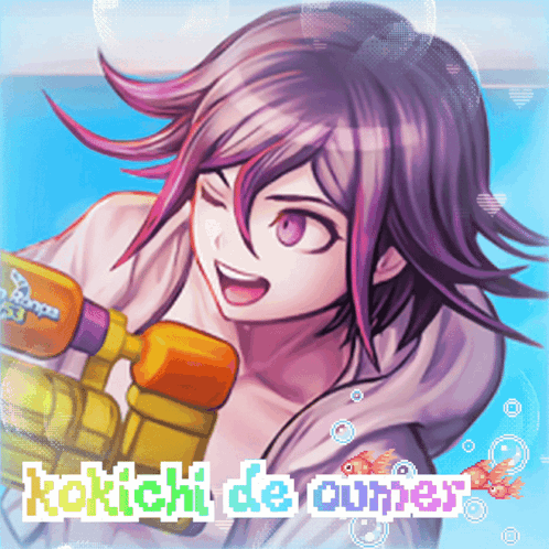A Picture Of A Girl With Purple Hair Holding A Water Gun And The Words Kokichi De Oumer GIF