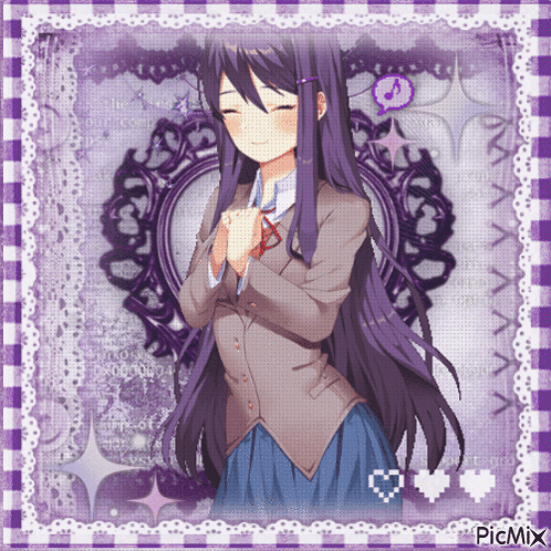 A Picture Of A Girl With Purple Hair Is Displayed On A Purple Background GIF