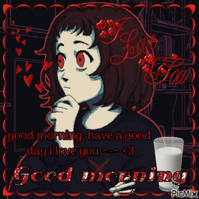 A Picture Of A Girl With Red Eyes And A Glass Of Milk That Says Good Morning GIF