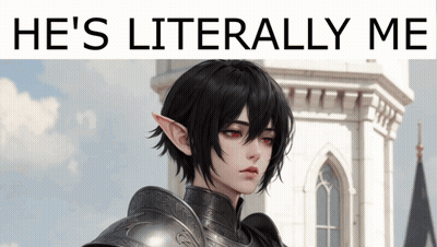 a picture of a girl with red eyes and the words he 's literally me above her