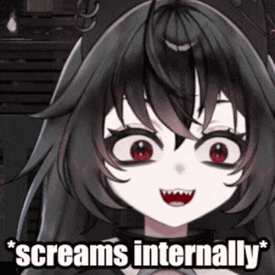A Picture Of A Girl With Red Eyes And The Words Screams Internally On The Bottom GIF
