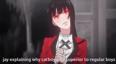 A Picture Of A Girl With Red Eyes Explaining Why Catboys Are Superior To Regular Boys GIF