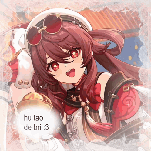 A Picture Of A Girl With Red Hair And The Words Hu Tao De Bri : 3 GIF