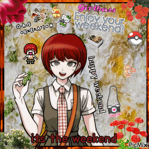 A Picture Of A Girl With Red Hair And The Words " It 'S The Weekend " GIF