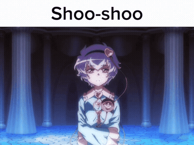 A Picture Of A Girl With The Word Shoo-Shoo On Top GIF