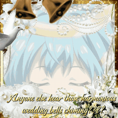 A Picture Of A Girl With The Words " Anyone Else Hear Those Harmonious Wedding Bells Chiming " On It GIF