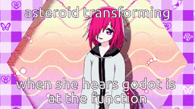 A Picture Of A Girl With The Words Asteroid Transforming When She Hears Godot At The Function GIF