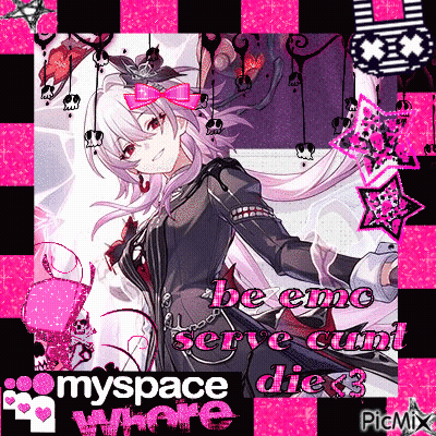 A Picture Of A Girl With The Words Be Emo Serve Cum Die GIF