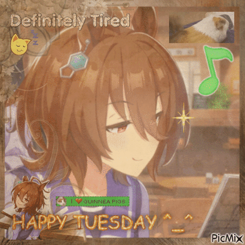 A Picture Of A Girl With The Words Definitely Tired Happy Tuesday On It GIF