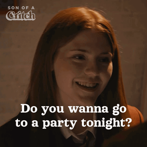 A Picture Of A Girl With The Words Do You Wanna Go To A Party Tonight Behind Her GIF