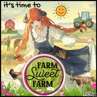 A Picture Of A Girl With The Words Farm Sweet Farm Written On It GIF