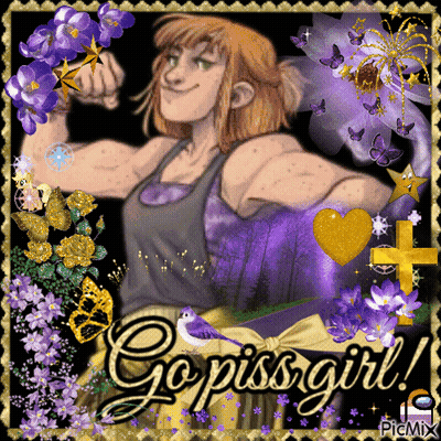 A Picture Of A Girl With The Words Go Piss Girl GIF