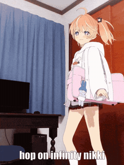 A Picture Of A Girl With The Words Hop On Infinity Nikki On The Bottom GIF